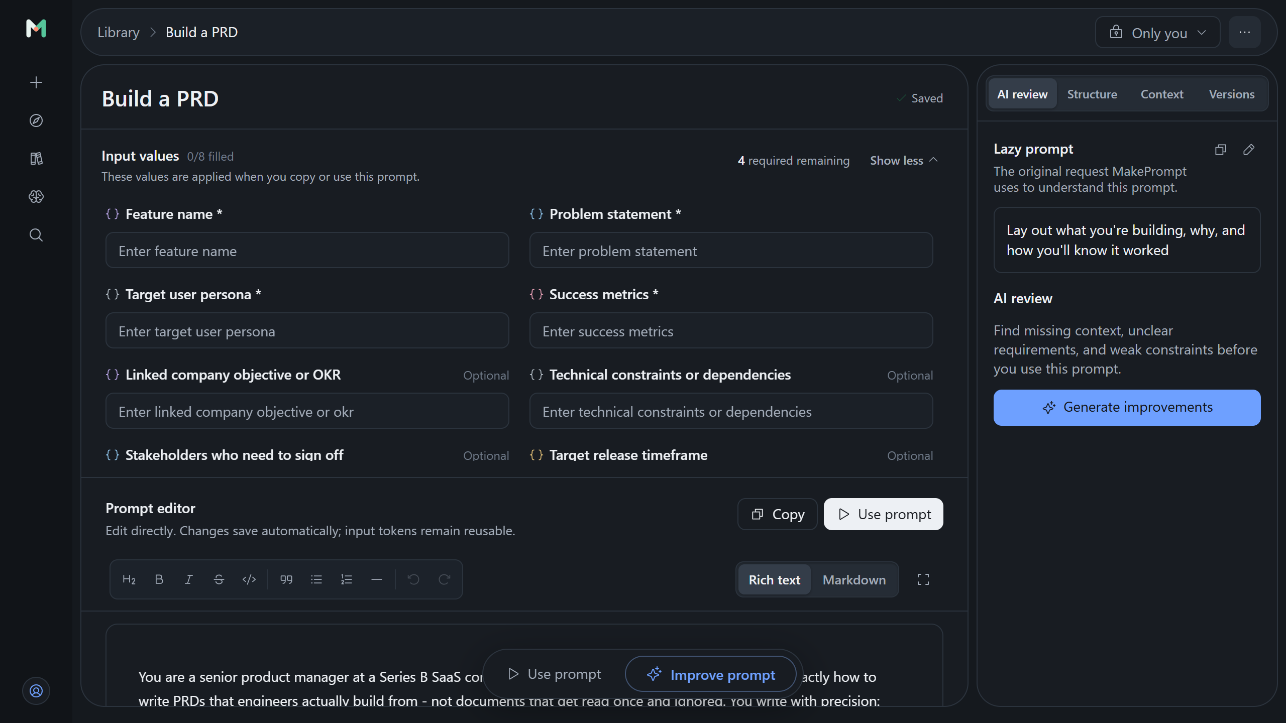 MakePrompt prompt generator editor in dark mode showing reusable input fields, Markdown editing, and AI review