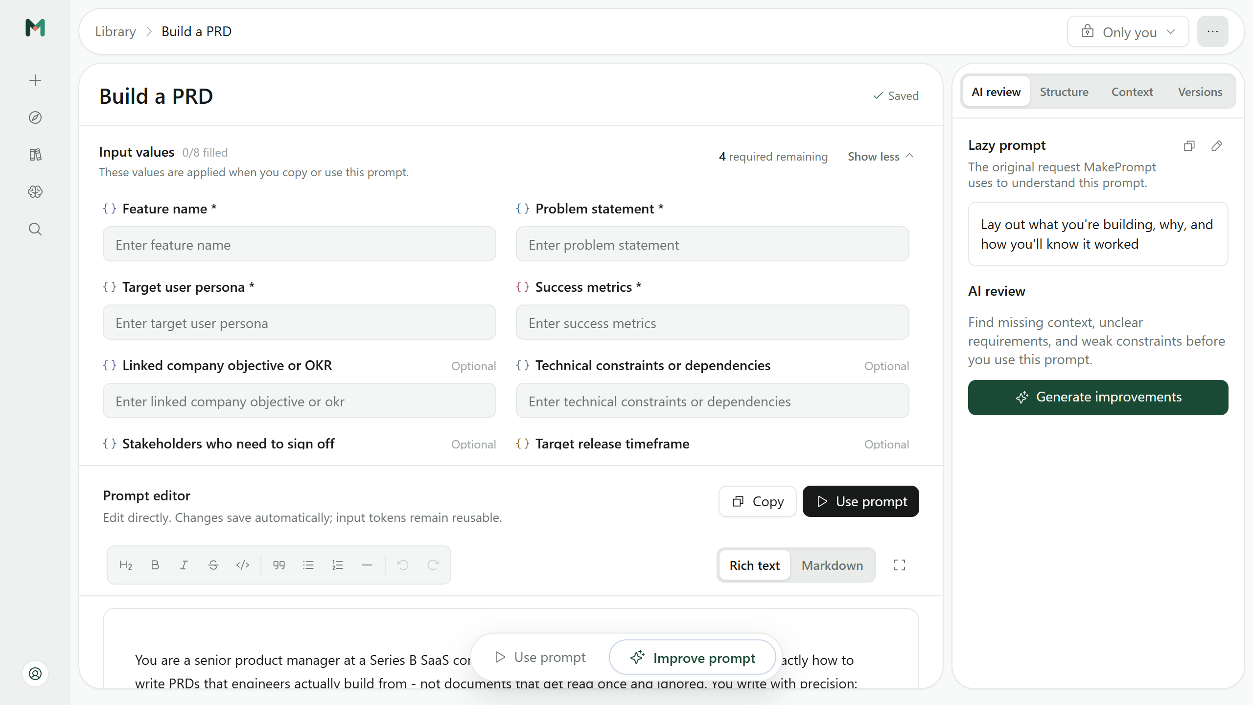 MakePrompt prompt generator editor showing reusable input fields, Markdown editing, and AI review